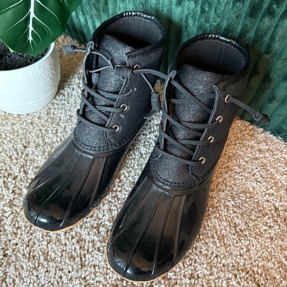 London Fog Wilde Duck Boots Black Sparkle, Women’s Size 7 Waterproof Rain Boot - Picture 1 of 7